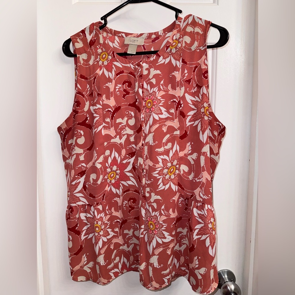 LOFT Floral Sleeveless Ruffle Blouse, Size Large - Picture 7 of 14